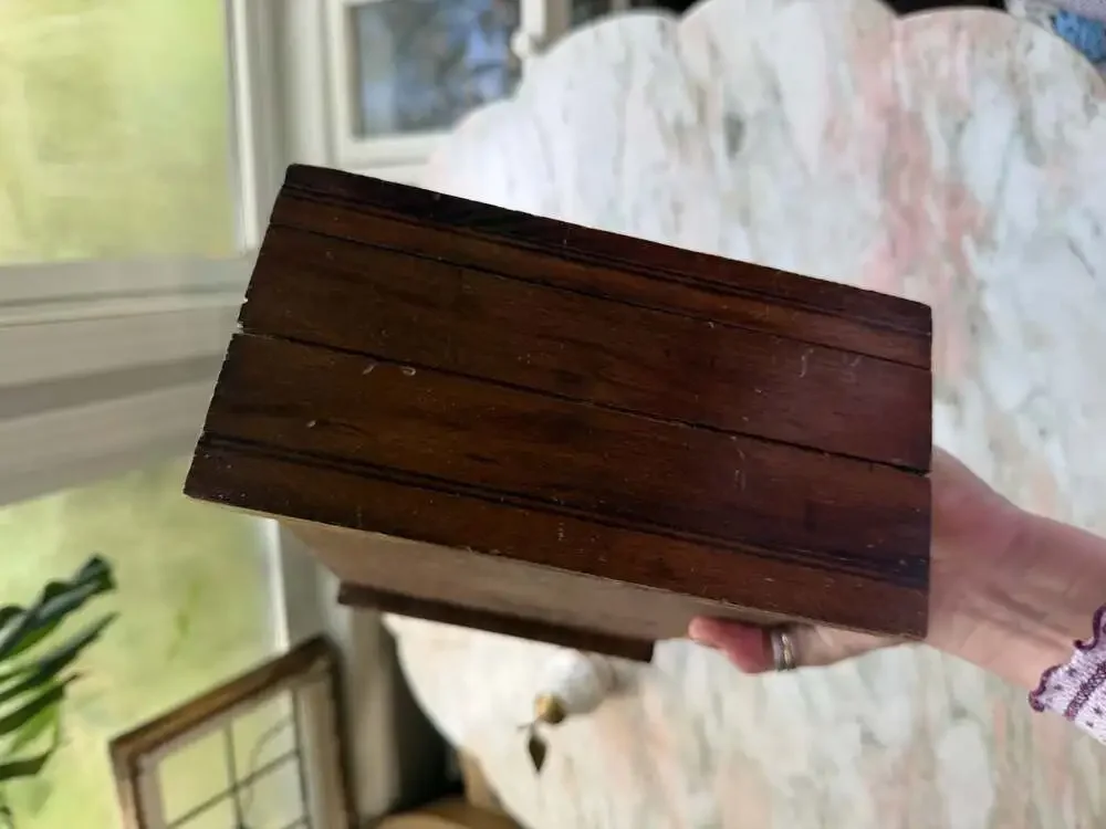 Vintage Carved Wooden Jewelry Keepsake Box with Sunflower Ceramic Tile Inlay